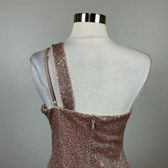 AQUA Women's Cocktail Dress Size 6 Gold Sequin One Shoulder Cut Out Midi Sheath